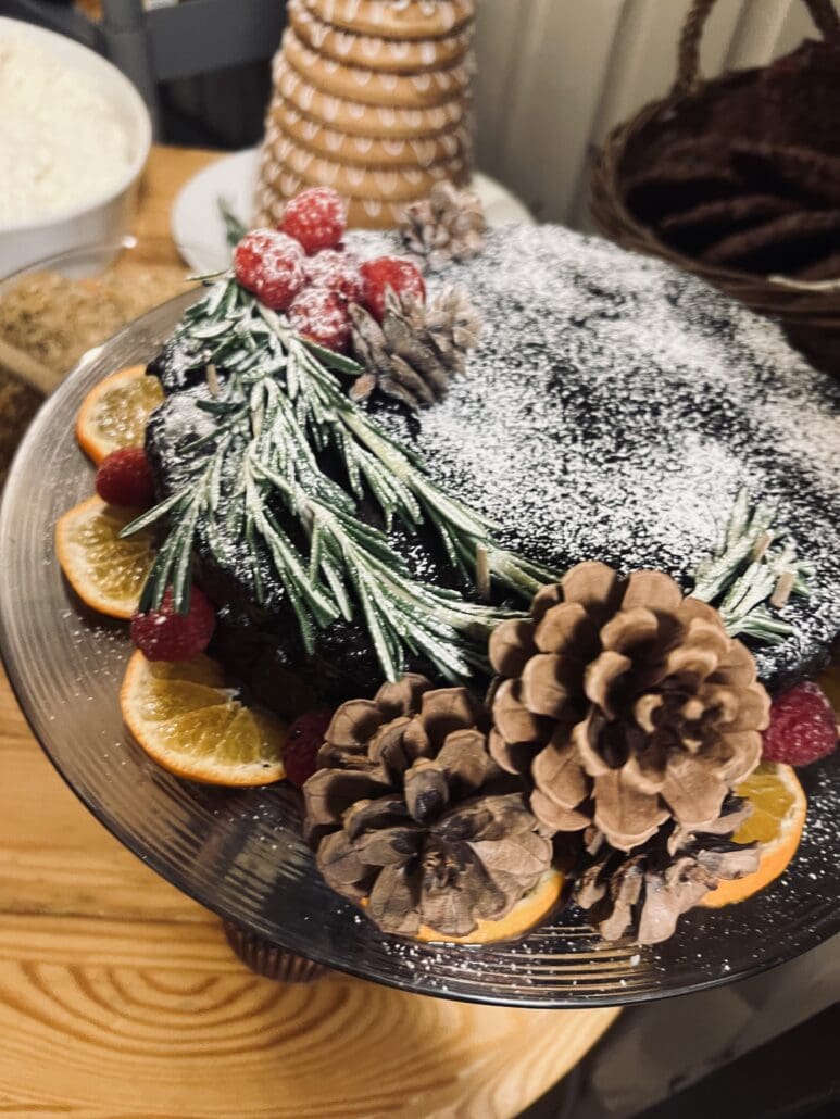 A festive Christmas cake decorated with pine cones and orange slices